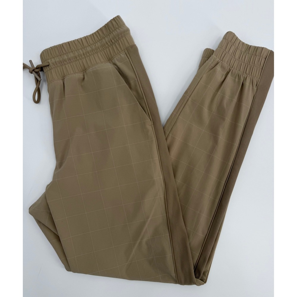 Athleta Brooklyn Textured Jogger Pants Tan Khaki Windowpane Grid Ribbed Size 0